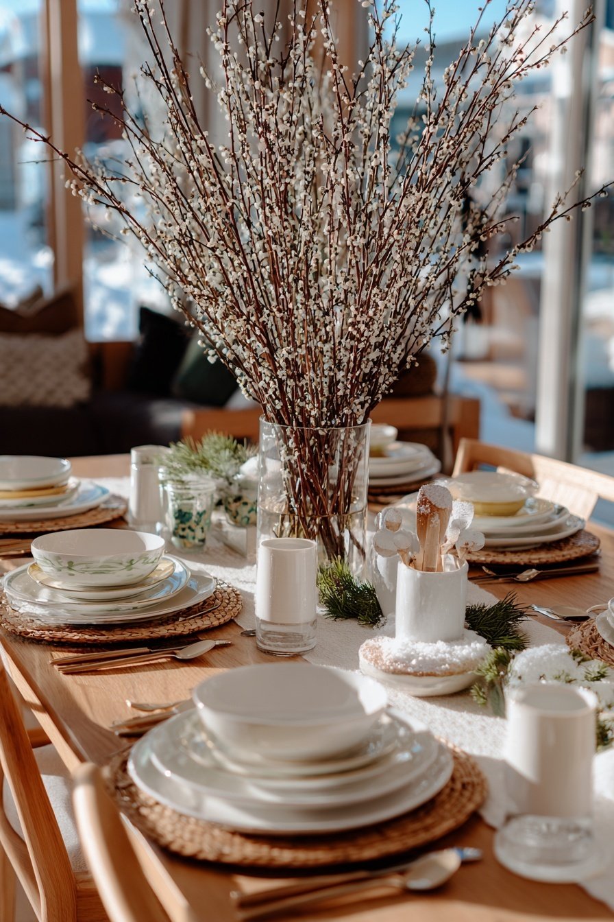 Festlich gedeckter Tisch mit winterlicher Dekoration und Zweigen in großer Vase