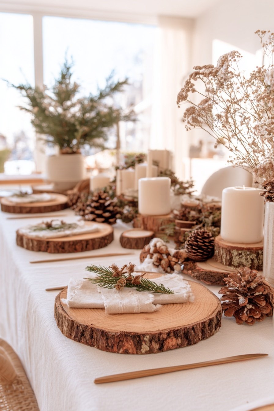Festlich gedeckter Tisch mit Holzuntersetzern, Tannenzweigen, Kerzen und Zapfen