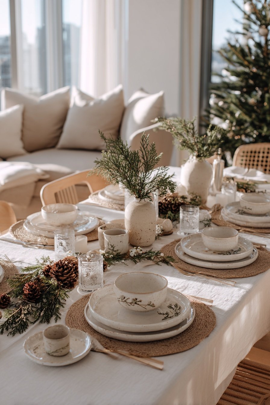 Winterlich gedeckter Tisch mit Keramikgeschirr, Tannenzweigen und Zapfen