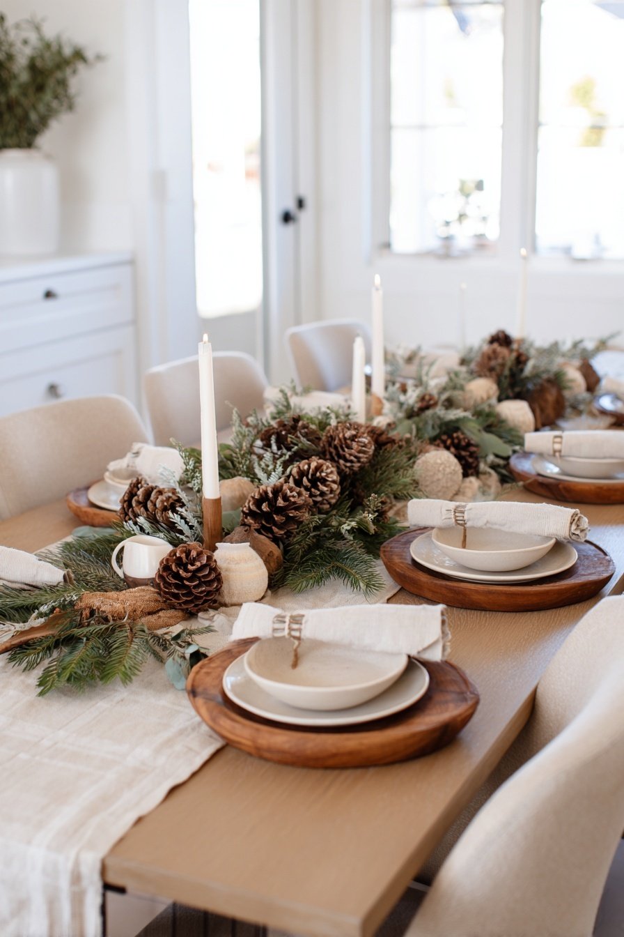 Tischdeko mit Tannenzweigen, Zapfen, Kerzen und Holzaccessoires im Winterstil