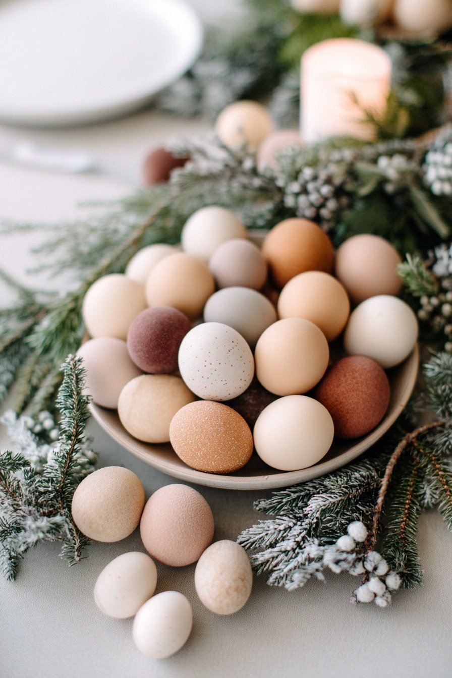 Ein Teller mit pastellfarbenen Eiern, umgeben von Tannenzweigen und einer Kerze