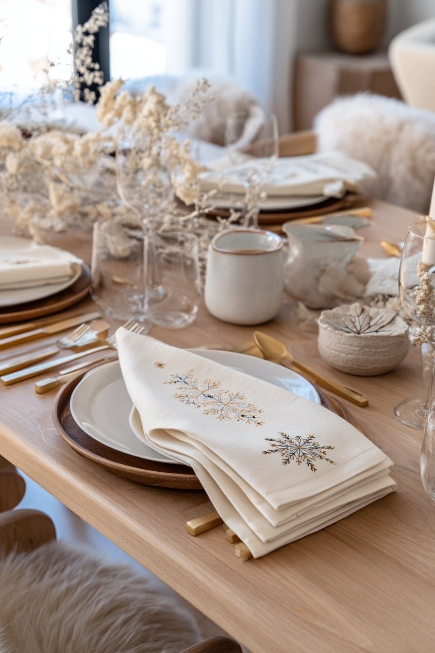 Festlich gedeckter Tisch mit gestickten Schneeflocken-Servietten, Trockenblumen und Goldbesteck