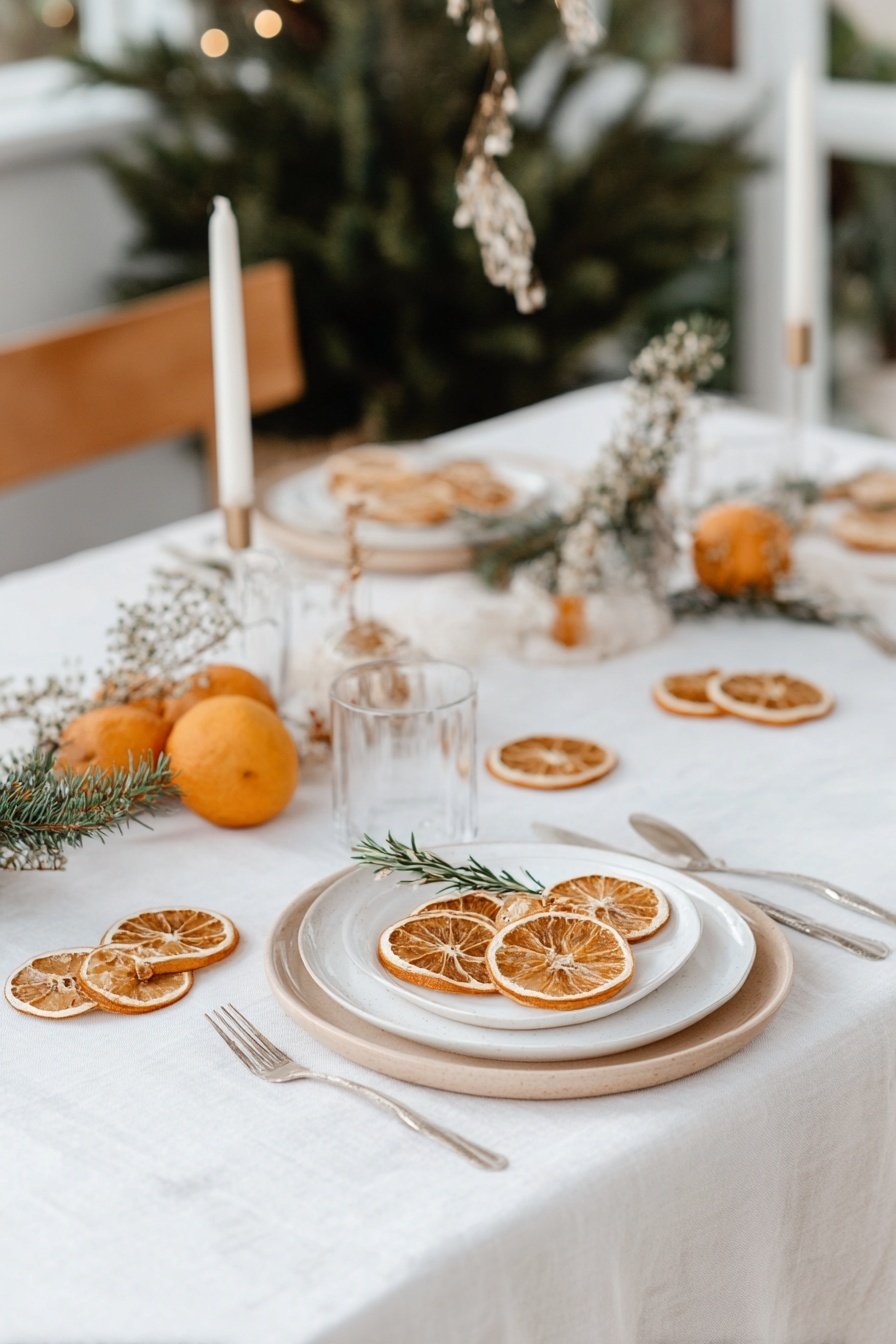 Festlich gedeckter Tisch mit Trockenorangen, Tannenzweigen und Kerzen