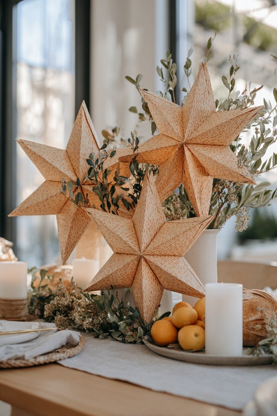 Große Papiersterne in Naturtönen auf winterlich gedecktem Tisch mit Kerzen und Zweigen