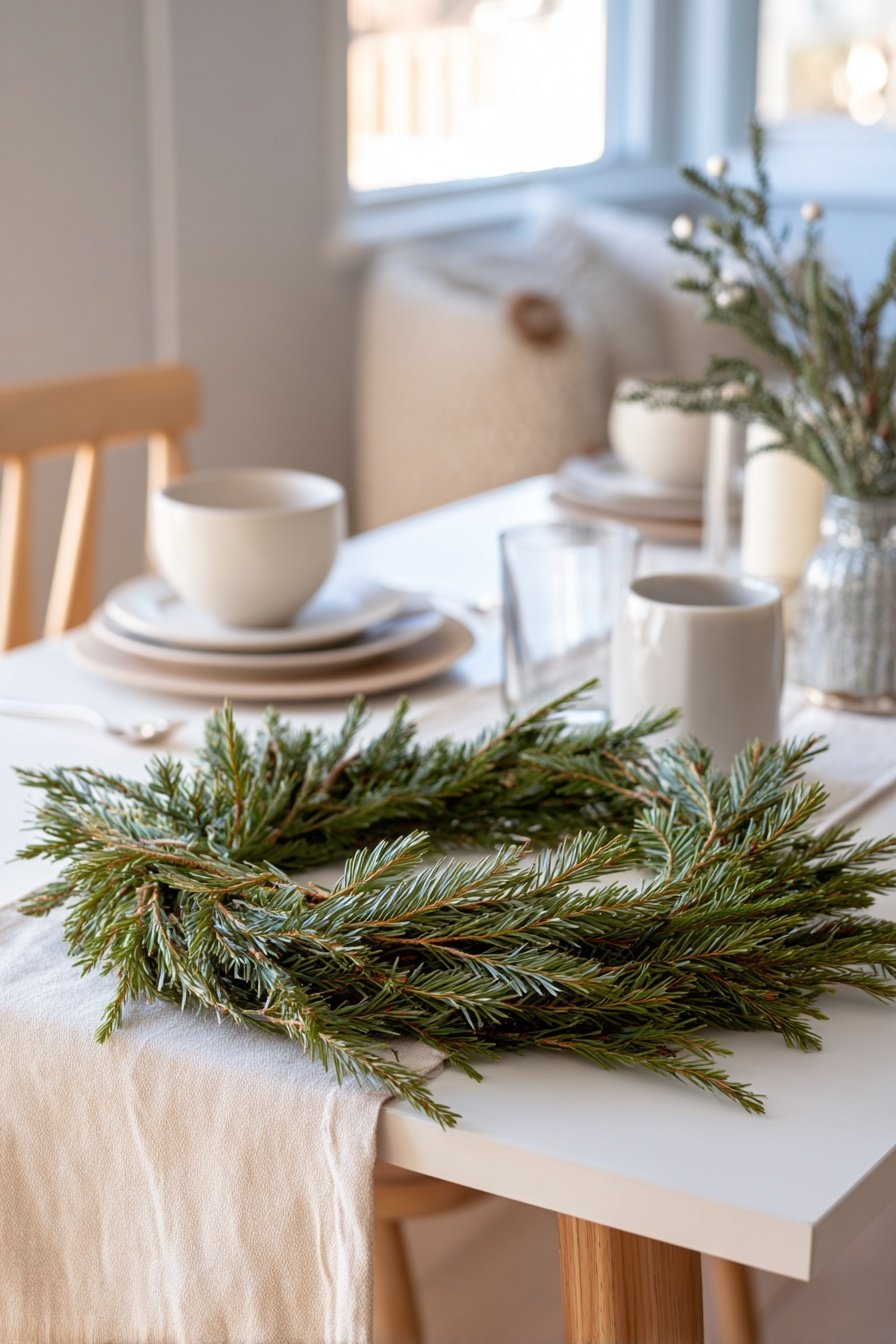 Tisch mit schlichter Winterdeko aus Tannenzweigen und neutralem Geschirr