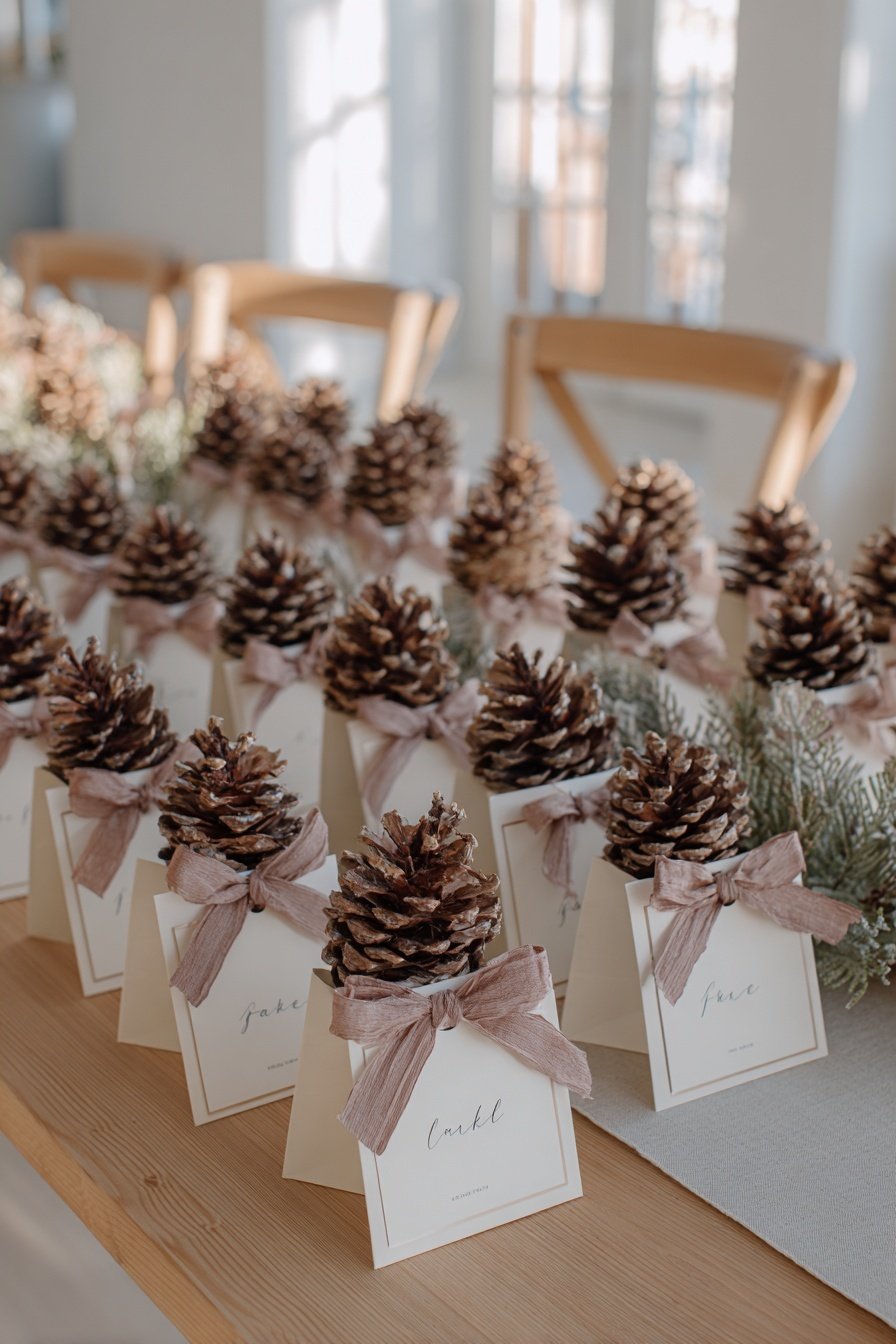 DIY-Tischkarten mit Tannenzapfen und Schleifen auf einer winterlich gedeckten Tafel