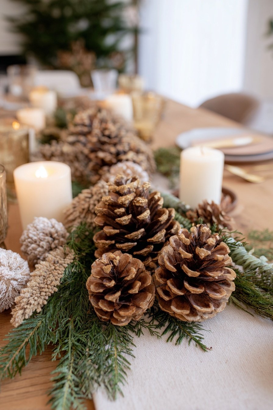 Tischdekoration mit Tannenzapfen, Kerzen und Tannenzweigen