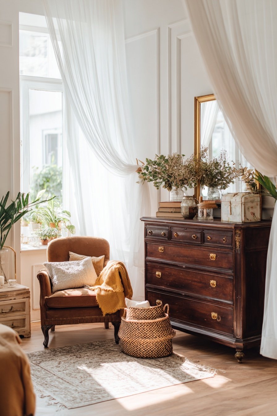 Gemütliches Wohnzimmer mit Vintage-Sessel und antiker Kommode vor einem hellen Fenster