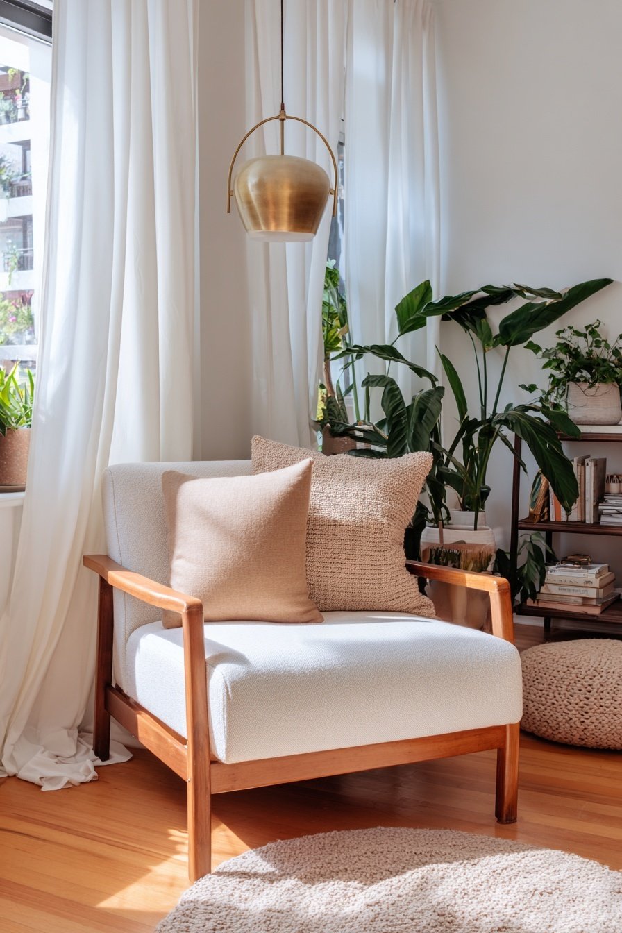Vintage-Sessel mit Kissen in gemütlicher Leseecke vor Vorhängen und Pflanzen