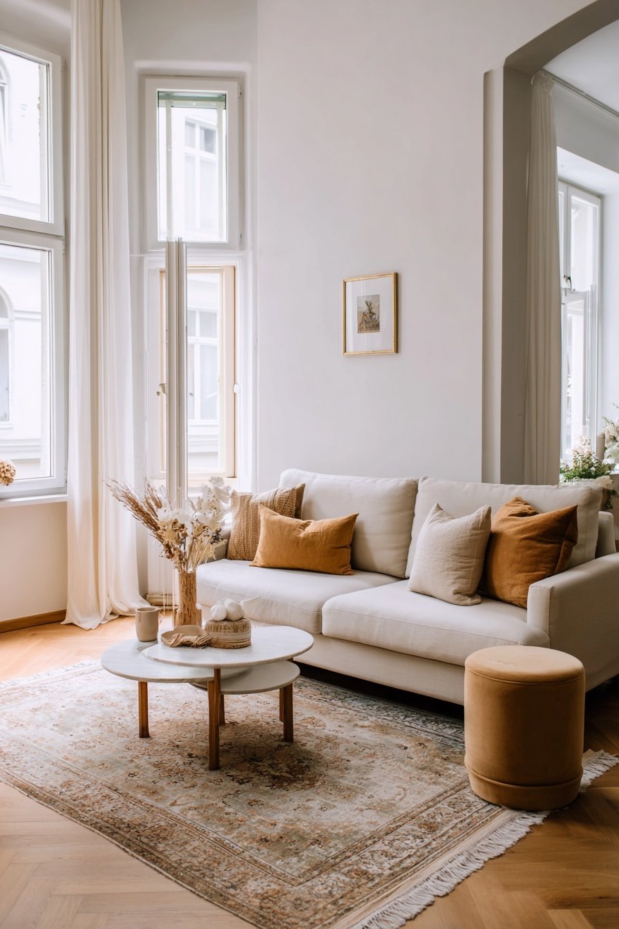 Gemütliches Wohnzimmer im Vintage-Stil mit cremefarbenem Sofa, Kissen in Erdtönen, rundem Couchtisch und orientalischem Teppich