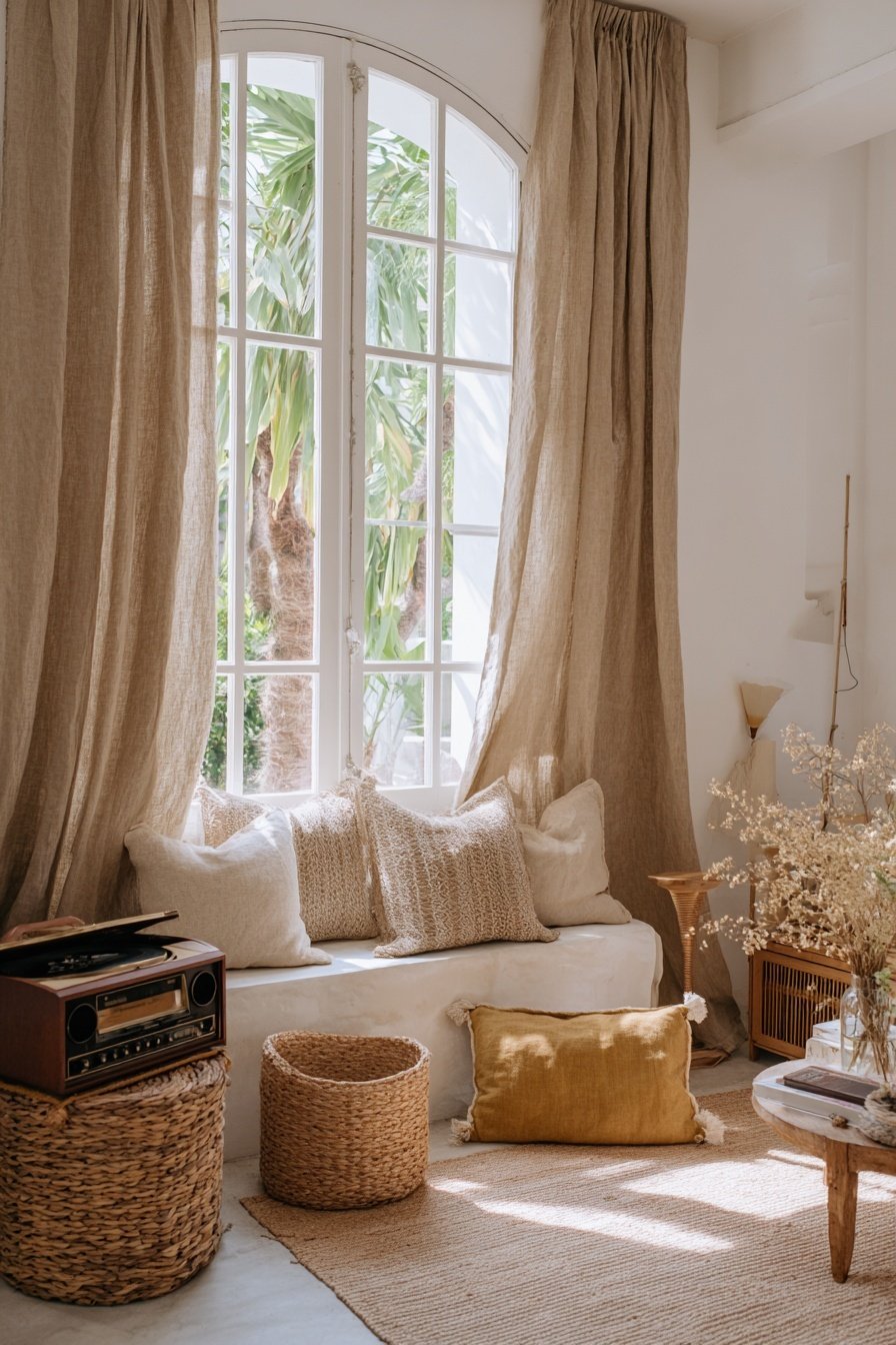 Helles Wohnzimmer mit Vintage-Deko, Leinenvorhängen und geflochtenen Körben