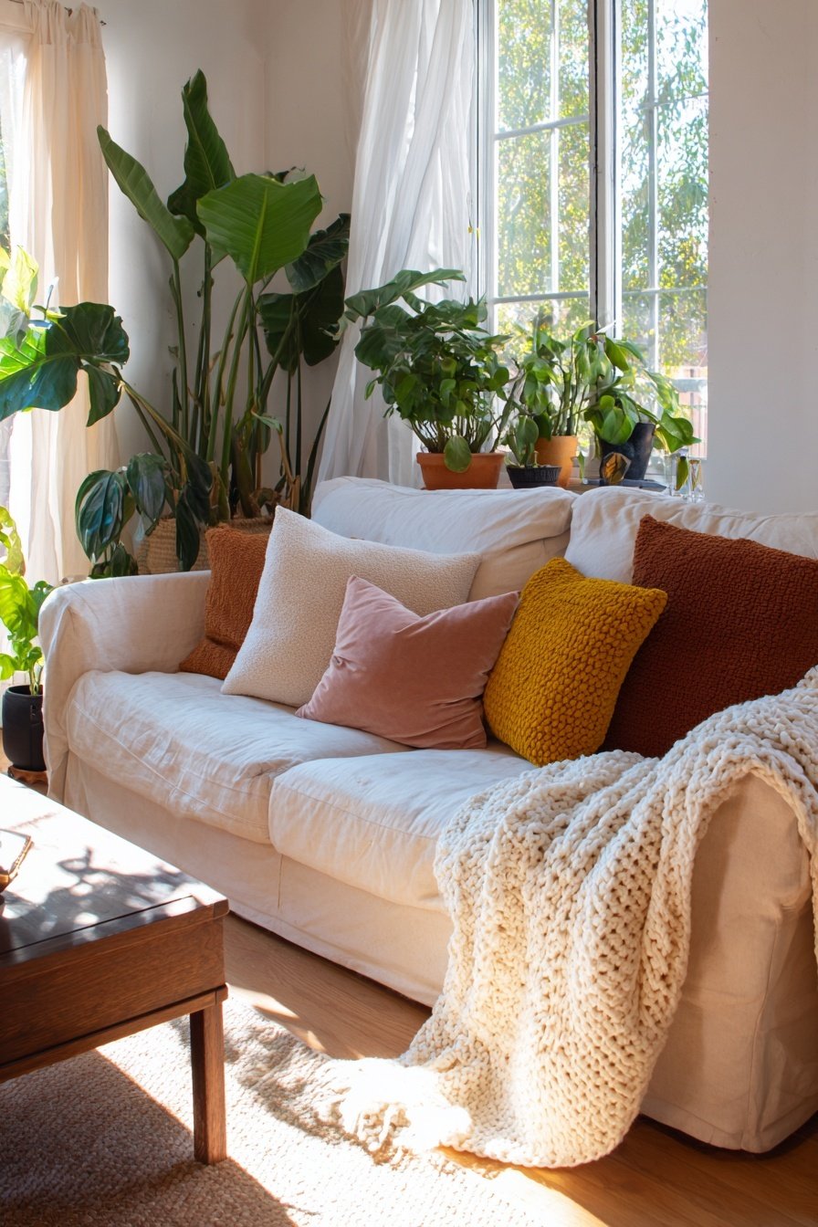 Vintage-Sofa mit bunten Kissen, großer Decke und vielen Zimmerpflanzen vor sonnigem Fenster
