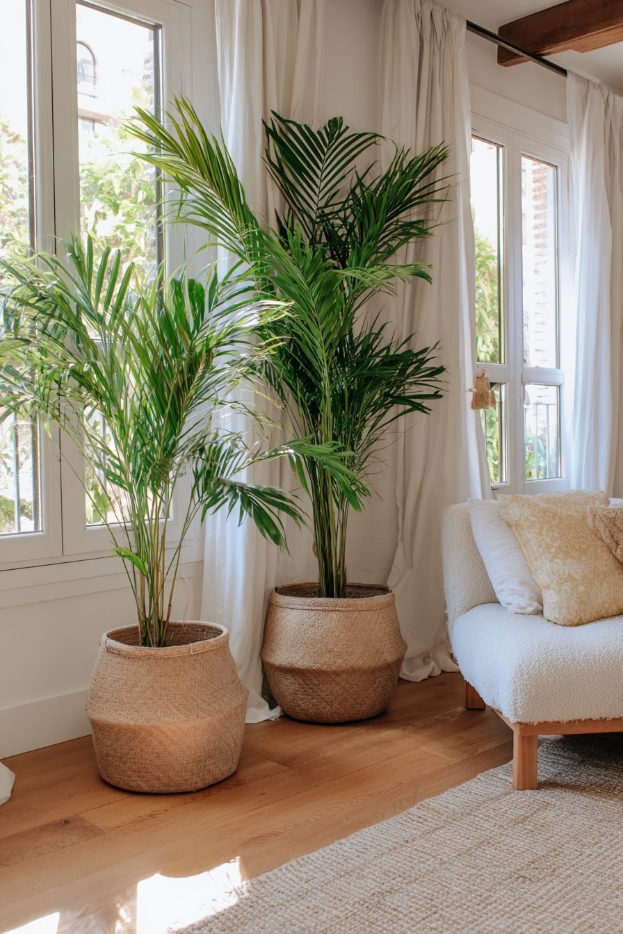 Zwei grüne Zimmerpflanzen in geflochtenen Körben neben einem weißen Sofa