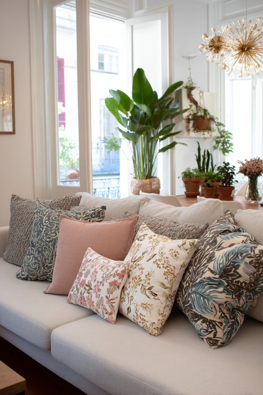 Sofa mit bunten Vintage-Kissen vor großen Fenstern und zahlreichen Zimmerpflanzen