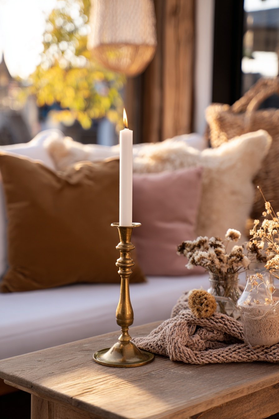Vintage-Wohnzimmer mit Kerzenleuchter, Trockenblumen und Kissen