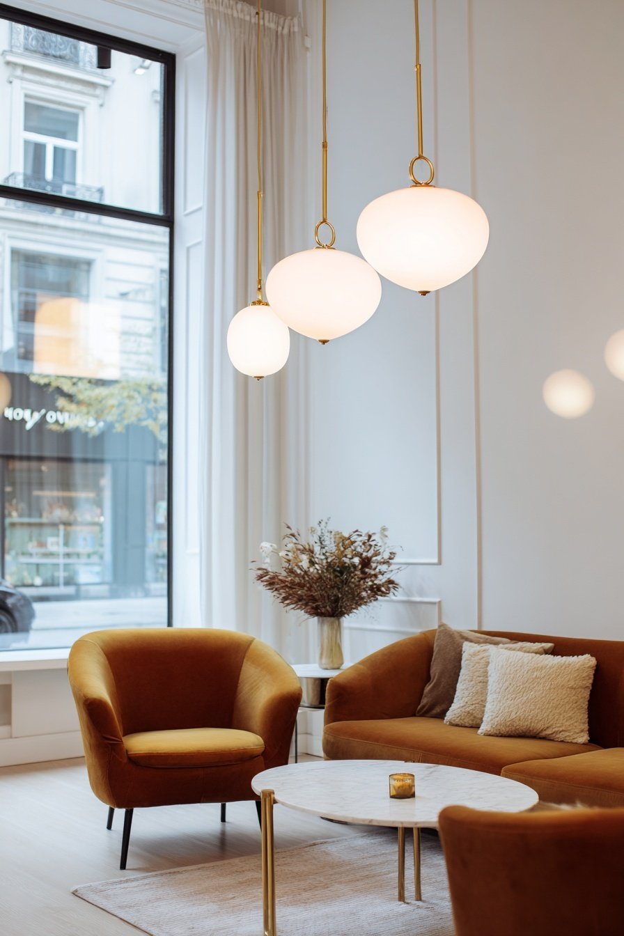 Gemütliches Wohnzimmer mit senffarbenen Samtmöbeln, runder Marmortisch und Vintage-Lampen