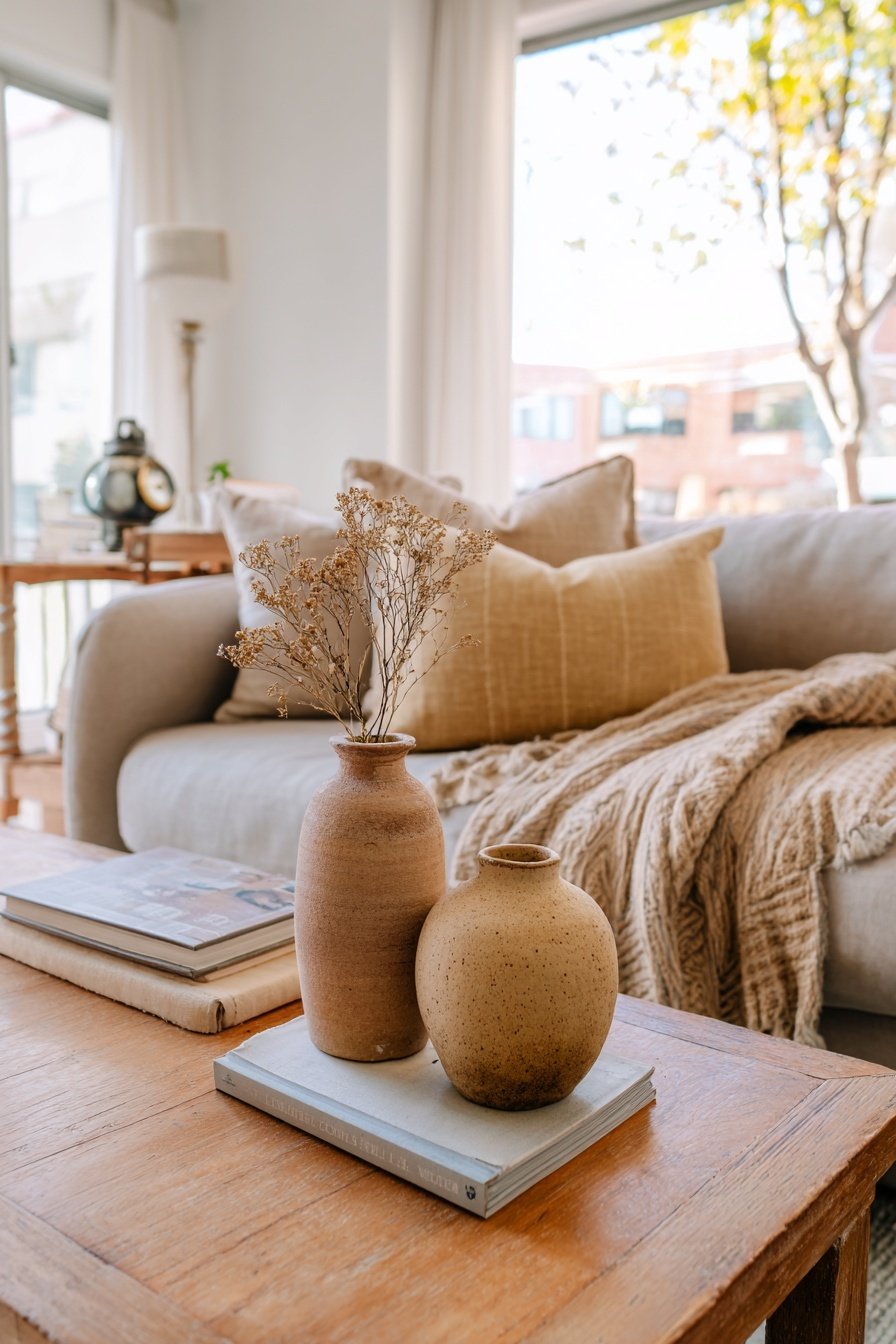 Wohnzimmer mit beigem Sofa, Vintage-Vasen und kuscheliger Decke