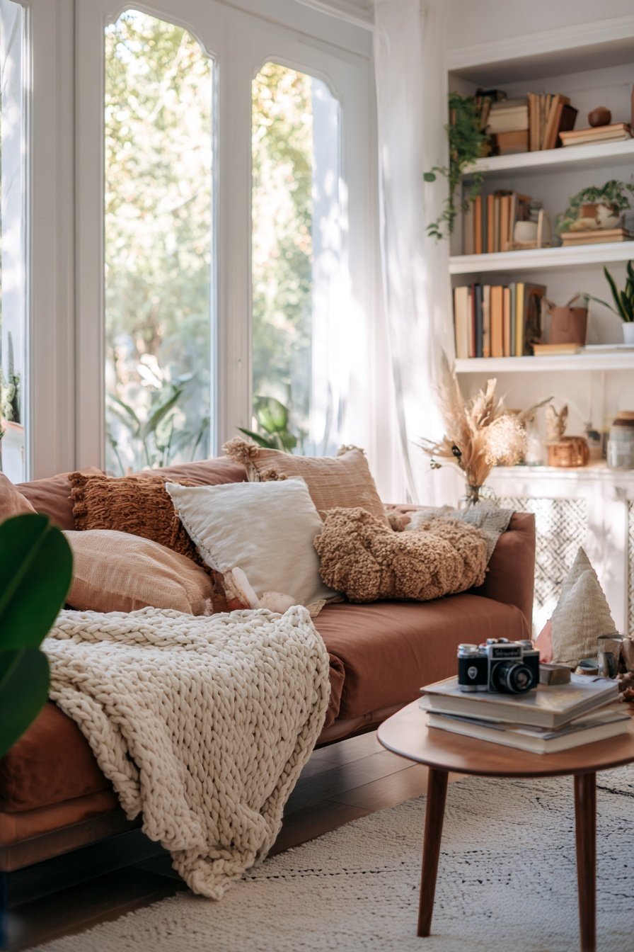 Wohnzimmer mit braunem Sofa, vielen Kissen, Decke und Holztisch im Vintage-Stil