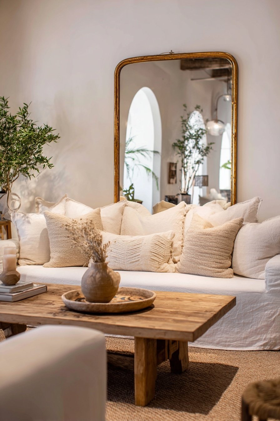 Helles Wohnzimmer mit großem antiken Spiegel, Leinenkissen und rustikalem Holztisch