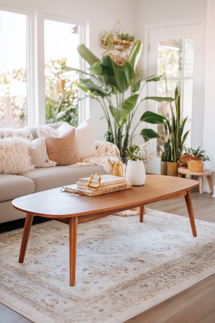 Gemütliches Wohnzimmer mit Retro-Couchtisch, vielen Pflanzen und heller Einrichtung