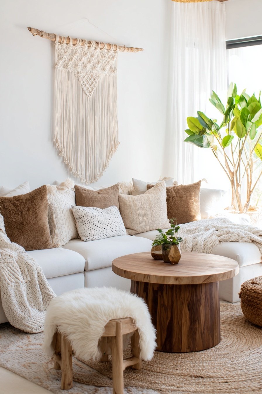 Helles Wohnzimmer mit kuscheligen Kissen, Holzdetails und Makramee-Deko