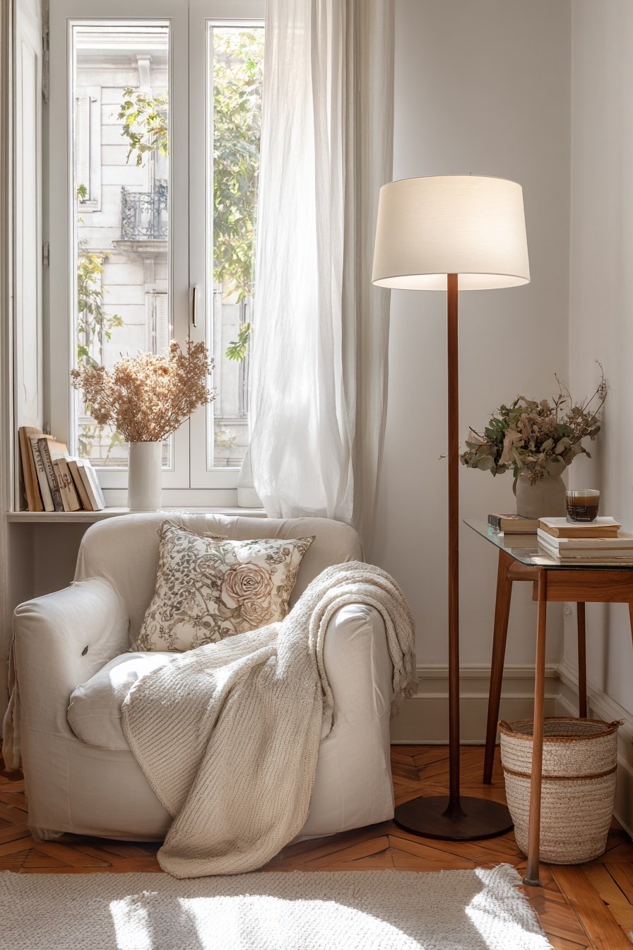 Heller Sessel am Fenster mit Kissen, Decke, Stehlampe und Vintage-Beistelltisch