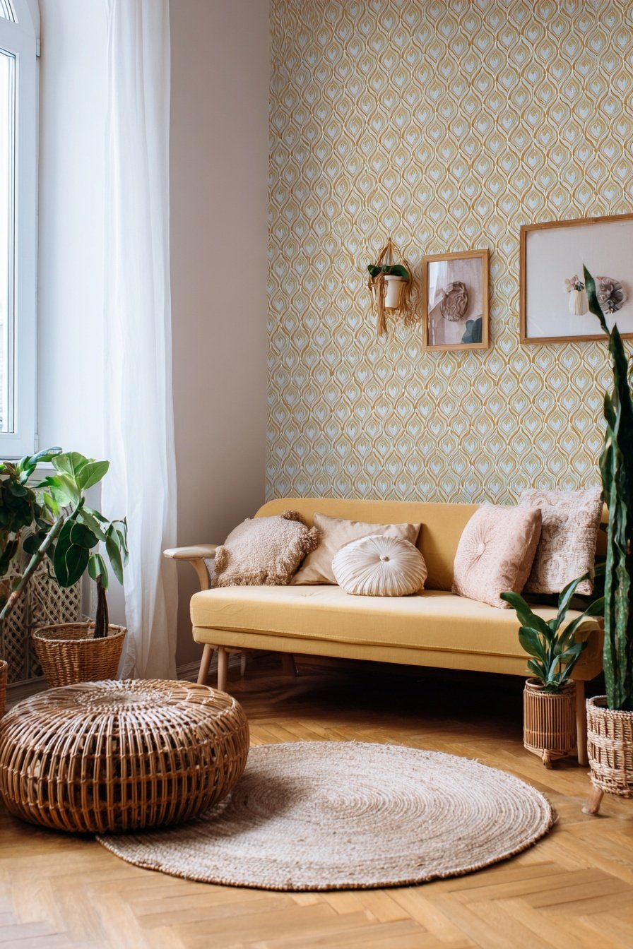 Vintage-Wohnzimmer mit Senfgelbem Sofa, Rattanmöbeln und Retro-Tapete