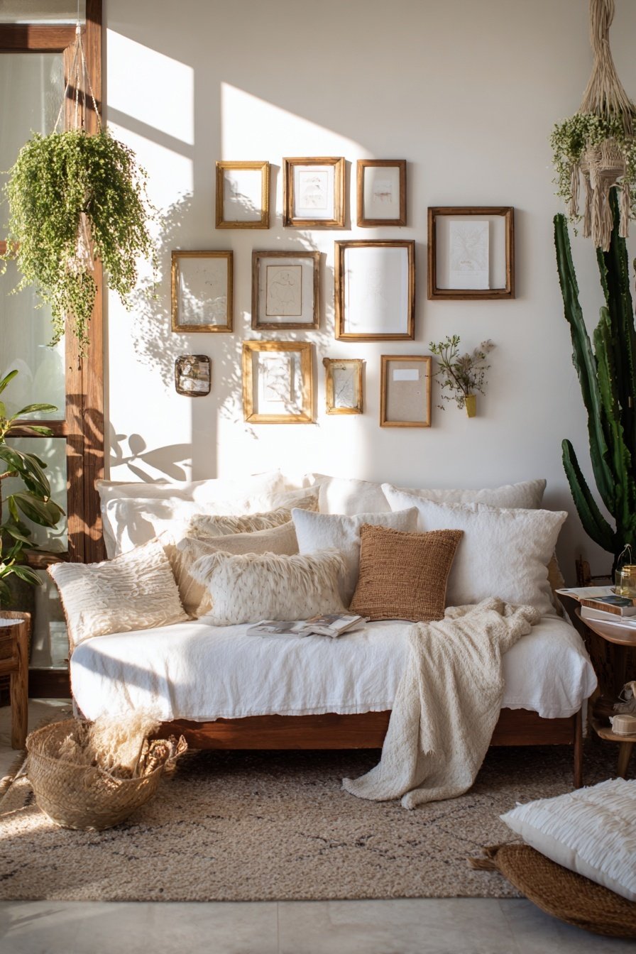 Helles Wohnzimmer mit Vintage-Bilderrahmen, vielen Kissen und Naturmaterialien