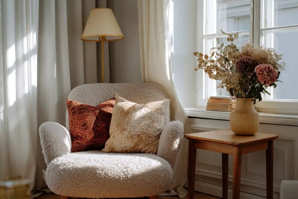 Gemütlicher Sessel mit Kissen neben Holztisch mit Vase voller Trockenblumen im Vintage-Wohnzimmer