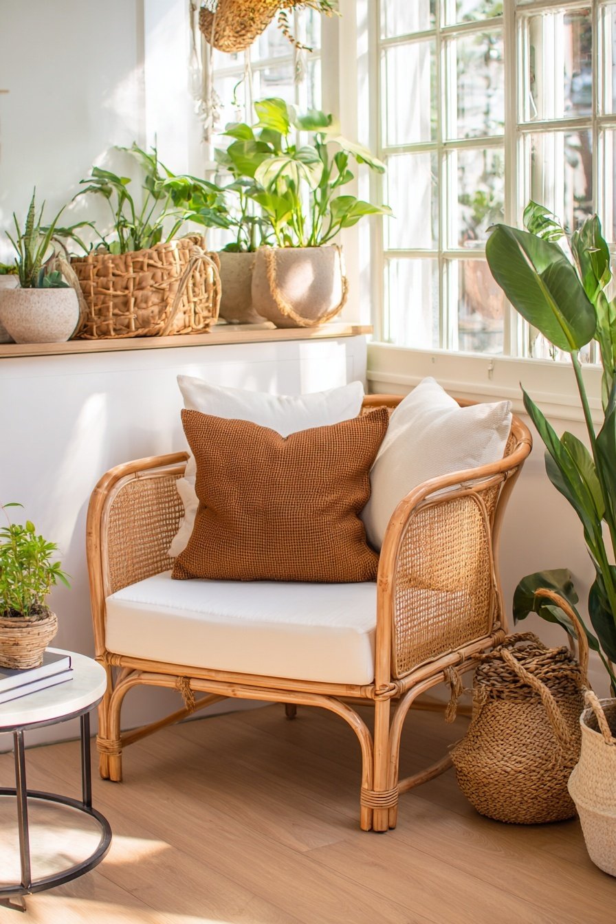 Rattansessel mit Kissen und Pflanzen am Fenster
