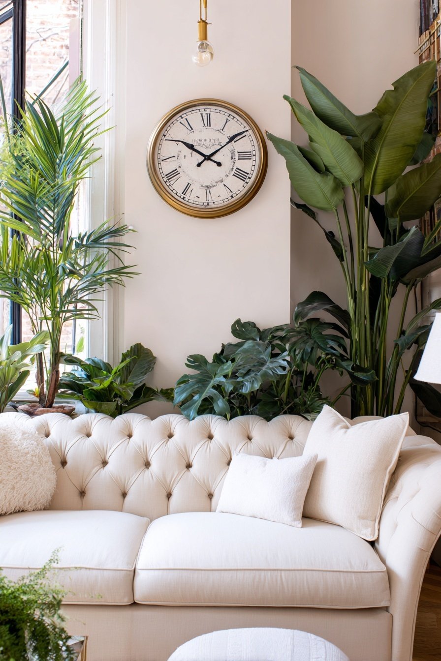 Gemütliches Wohnzimmer mit Vintage-Sofa, großer Wanduhr und vielen Zimmerpflanzen