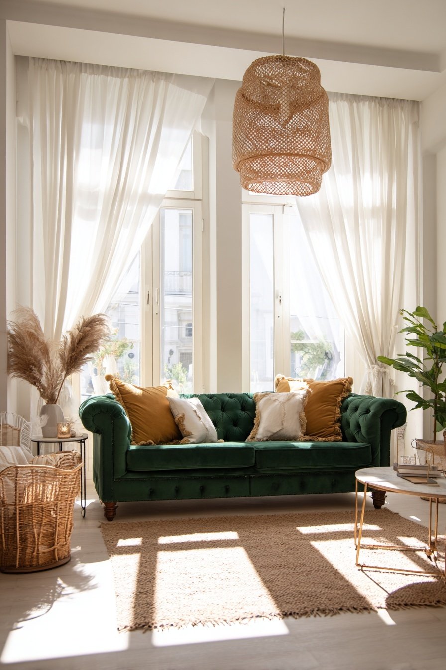 Grünes Samtsofa vor großen Fenstern mit weißen Vorhängen und Boho-Dekoration