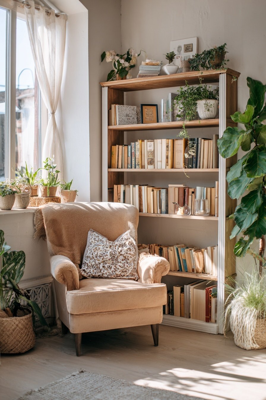 Ein heller Lesesessel vor einem Bücherregal mit Pflanzen und alten Büchern