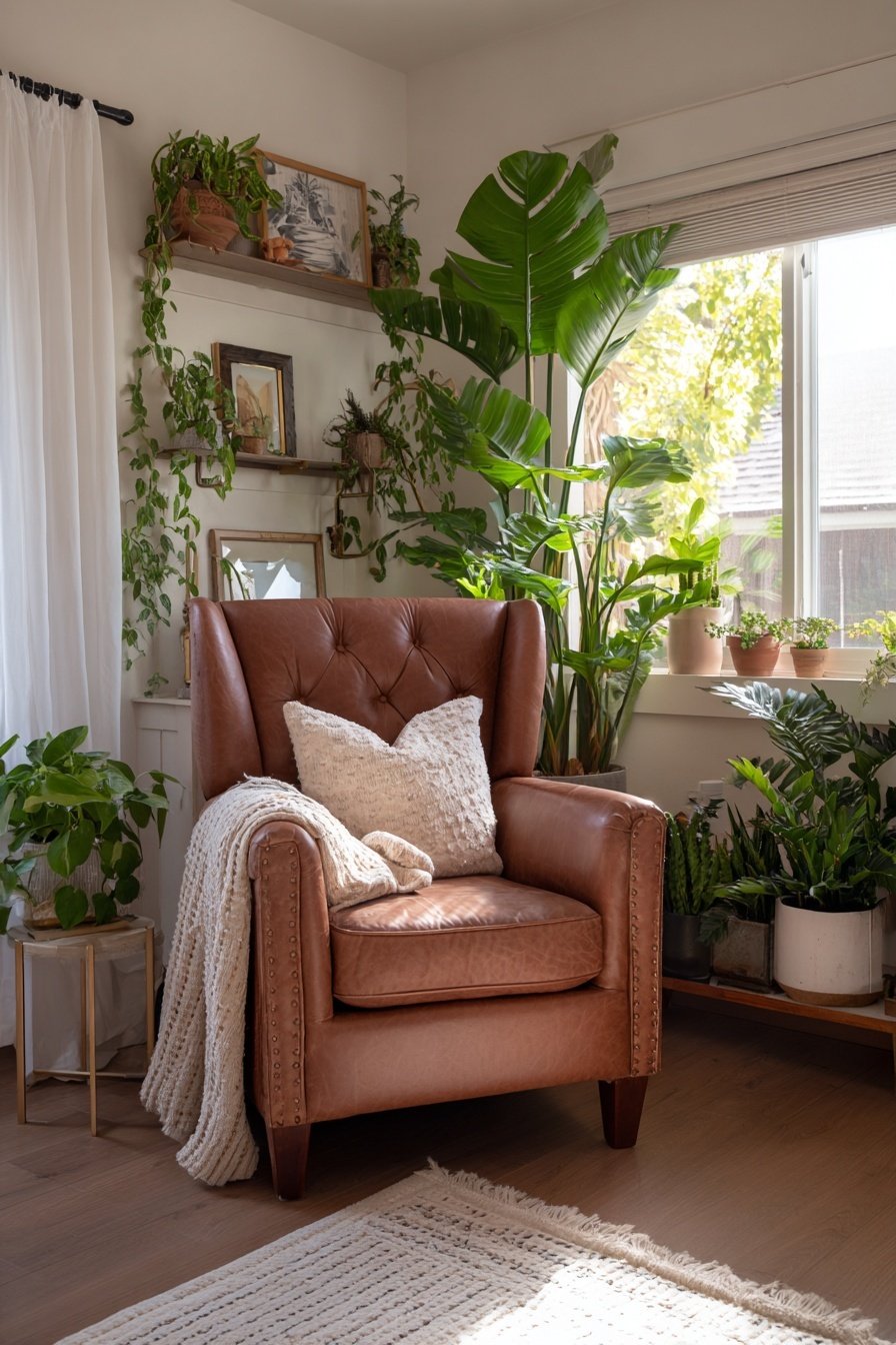 Brauner Leder-Ohrensessel mit Kissen und Decke, umgeben von vielen grünen Zimmerpflanzen am Fenster