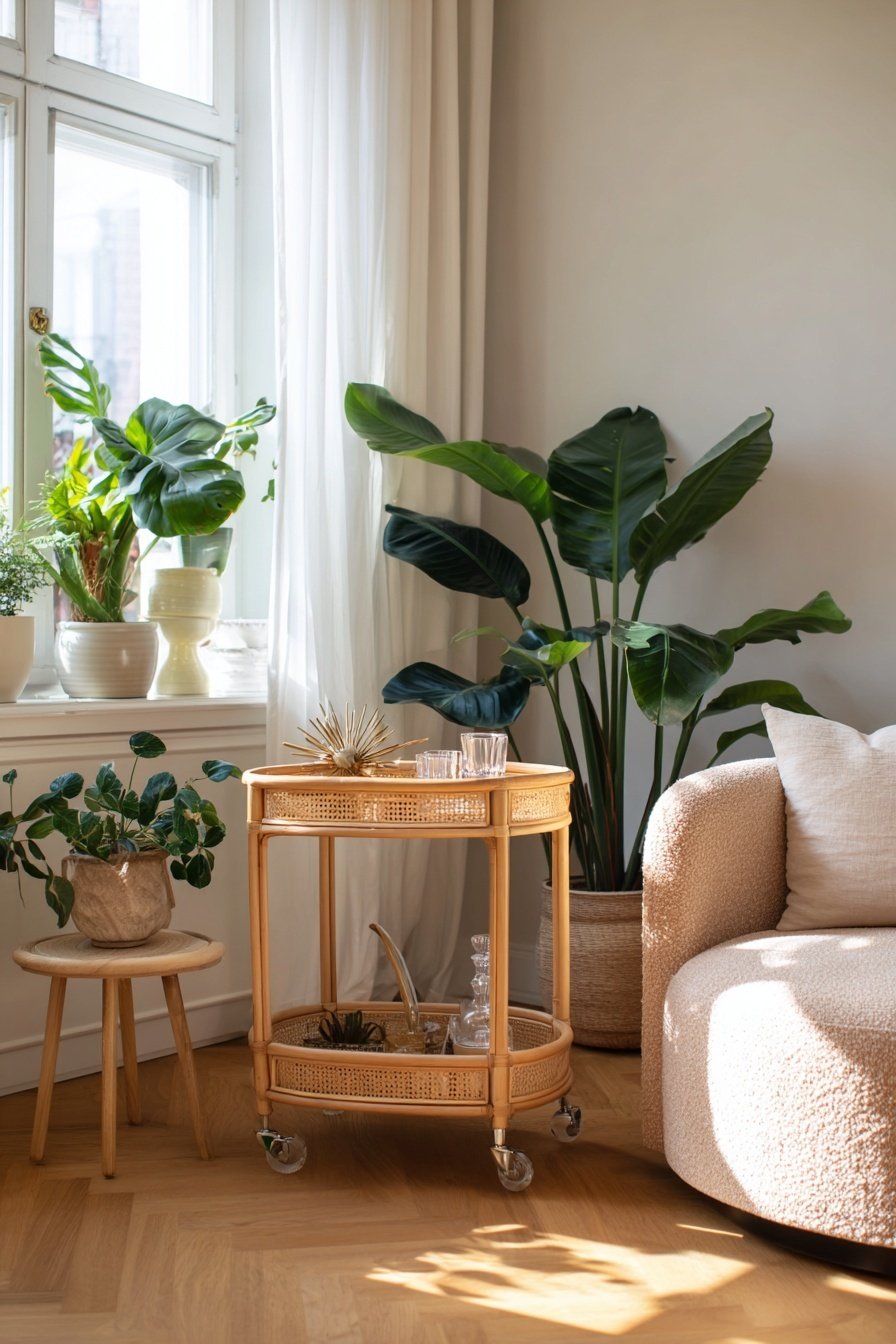 Wohnzimmer mit Pflanzen, Rattantisch und gemütlichem Sessel im Vintage-Stil