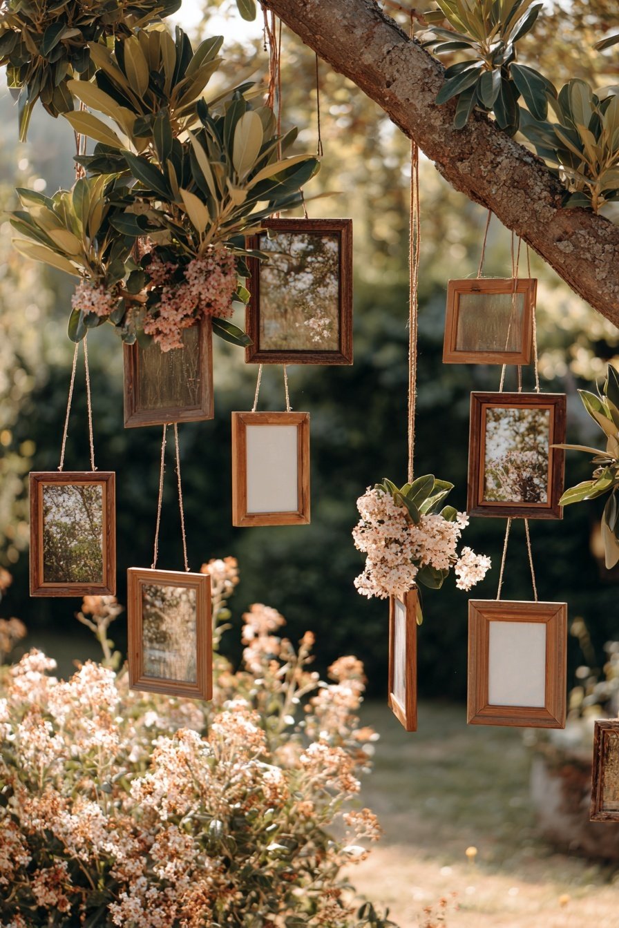 Holzrahmen mit Spiegeln und Blumen hängen an einem Baum im Garten