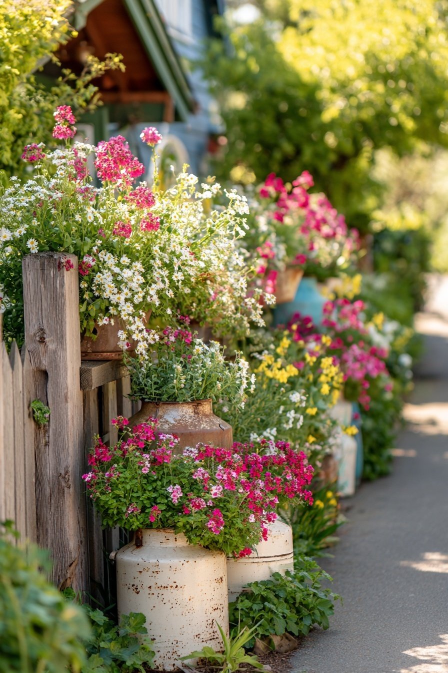 Bauerngarten mit bunten Blumen in alten Milchkannen am Gartenzaun