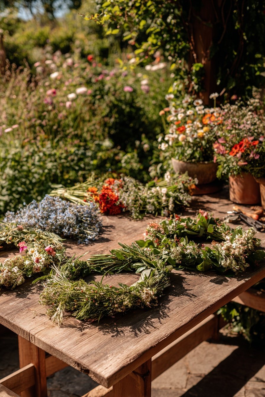 Selbstgemachte Blumenkränze aus frischen Gartenblumen auf einem Holztisch