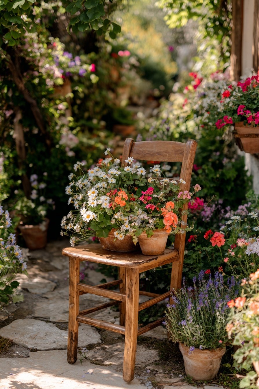 Rustikaler Holzstuhl mit bunten Blumentöpfen im blühenden Garten