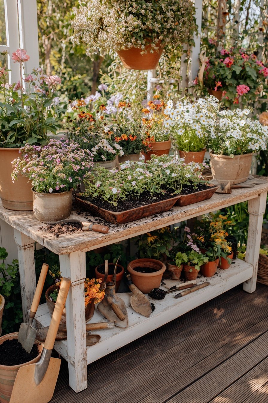 Blumentisch mit Töpfen, Blumen und Gartengeräten im rustikalen Bauerngarten-Stil