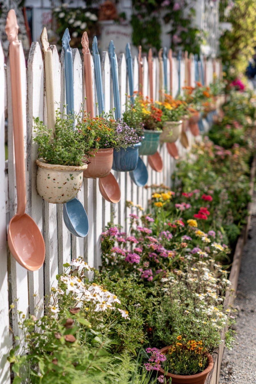 Bunter Holzzaun mit aufgehängten Blumentöpfen und alten Suppenlöffeln