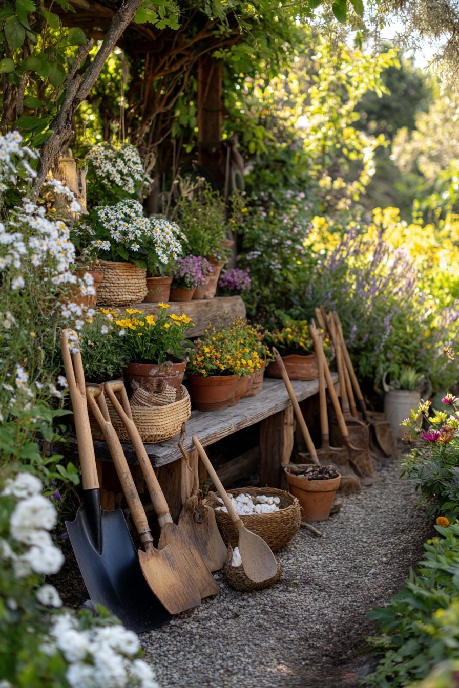 Ein liebevoll dekorierter Gartentisch mit Tontöpfen, Gartenwerkzeugen und Blumen