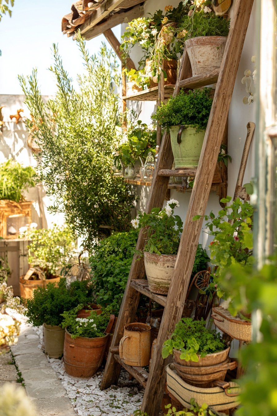 Rustikale Holzleiter mit bepflanzten Tontöpfen im Bauerngarten