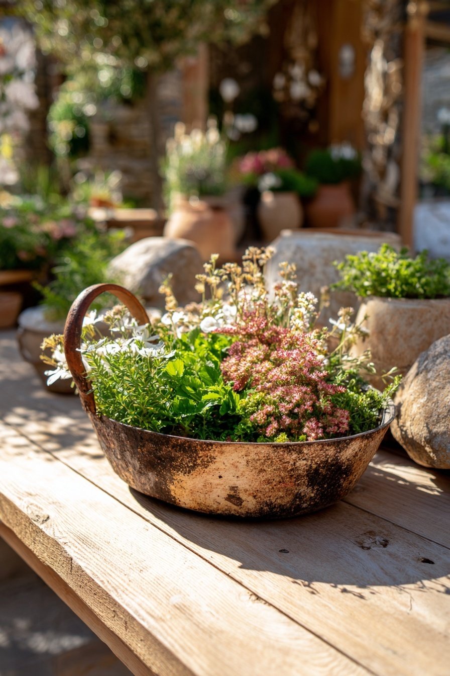 Bepflanzte Metallschale mit Kräutern und Blumen auf einem Holztisch im Bauerngarten