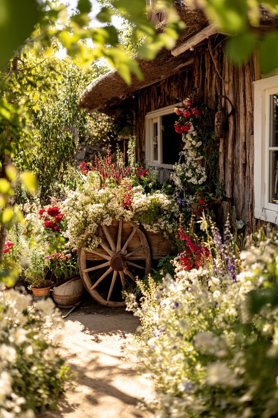 Holzwagenrad mit üppiger Blumenbepflanzung vor rustikaler Holzhütte