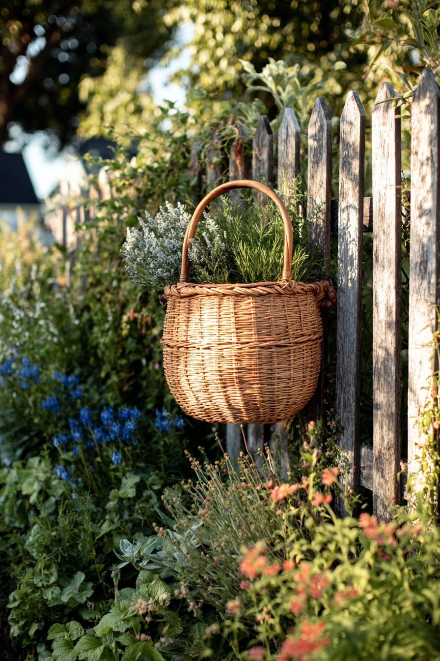 Geflochtener Korb mit Kräutern hängt an einem alten Holzzaun im blühenden Bauerngarten