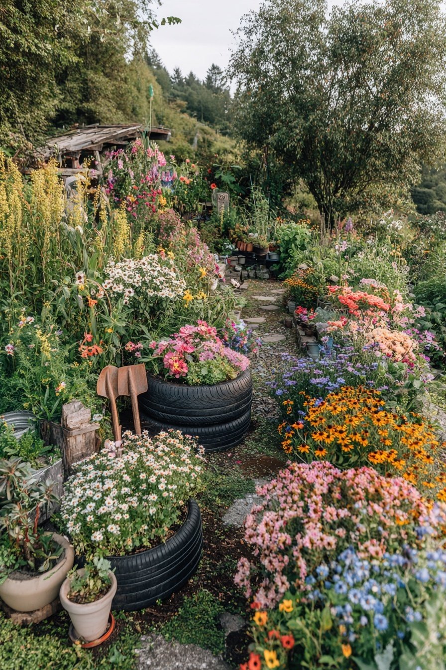 Blumenbeete mit bunten Stauden und dekorativen Upcycling-Elementen im Bauerngarten