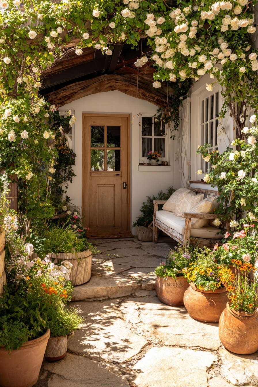 Blühende Gartenpracht mit Rosebogen, Tongefäßen und nostalgischer Bank vor Holztür
