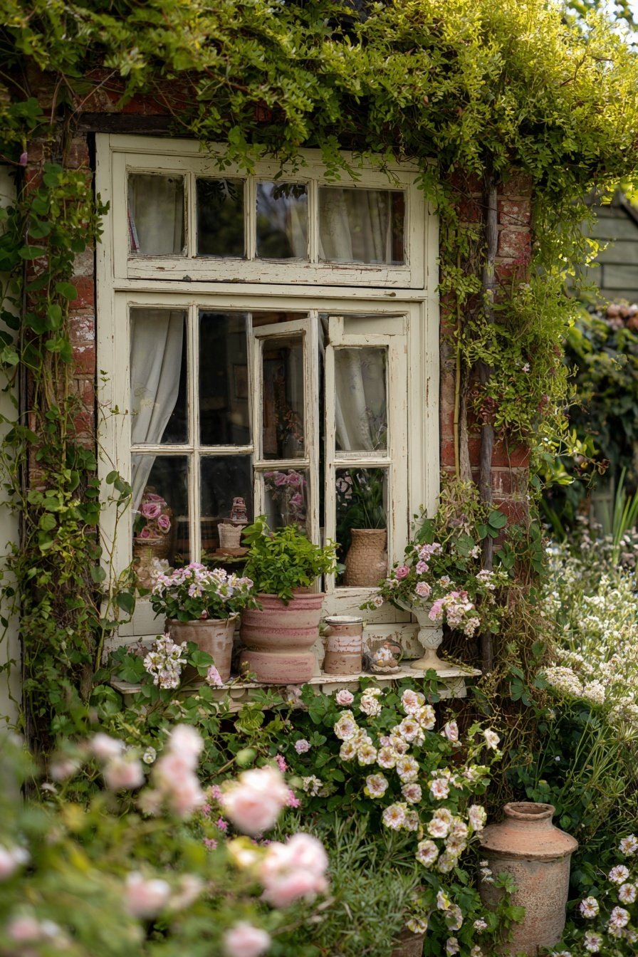 Blühender Bauerngarten vor einem rustikalen Fenster mit Tontöpfen und Kletterpflanzen
