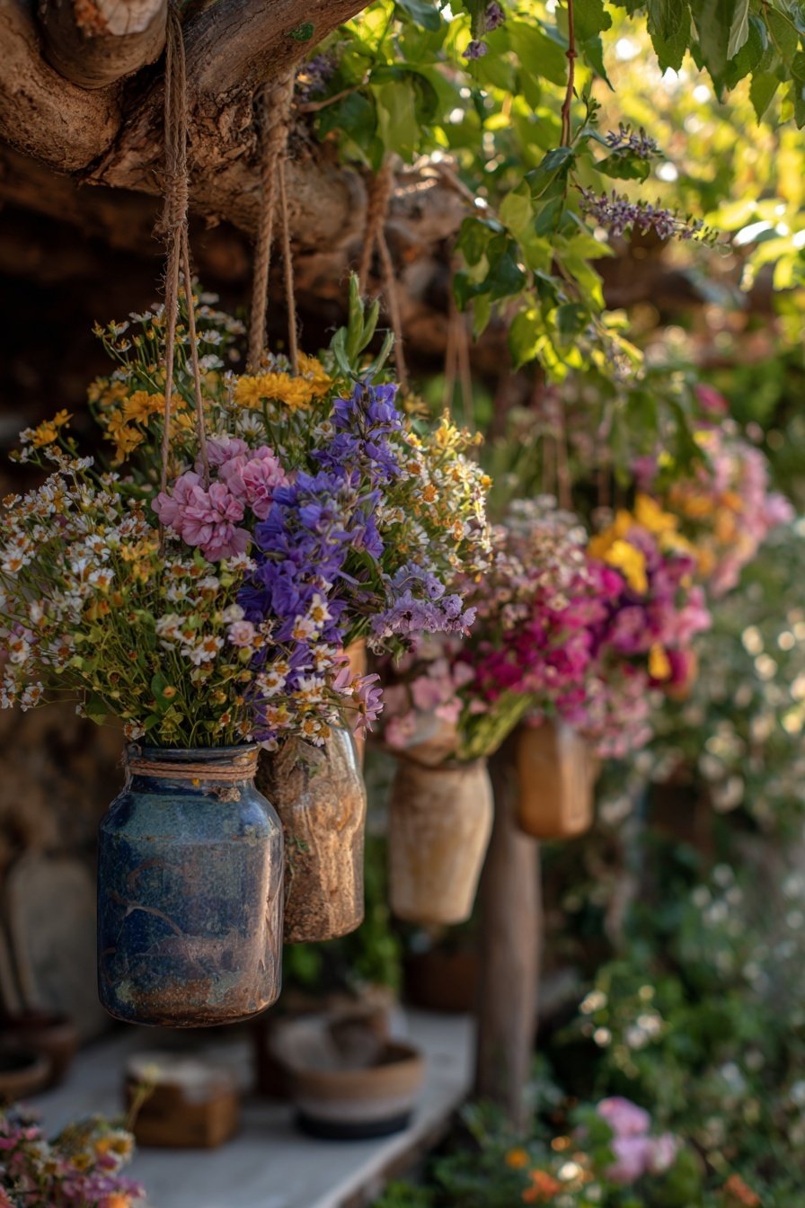 Bunte Wildblumen in alten Gläsern, aufgehängt an Ästen im Garten